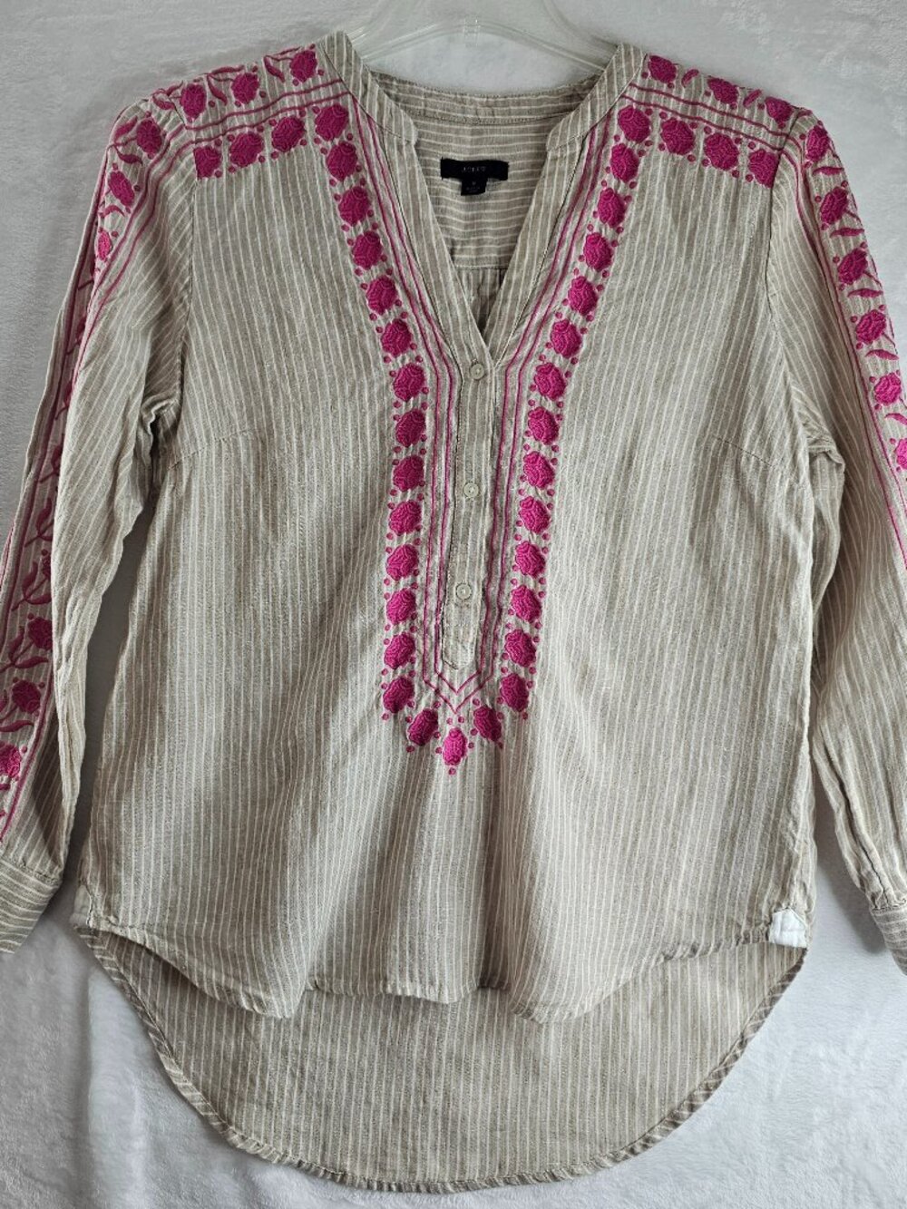 J. Crew Linen Embroidery Tunic Top V-Neck Long Sleeve Size S Tan Pink Striped
